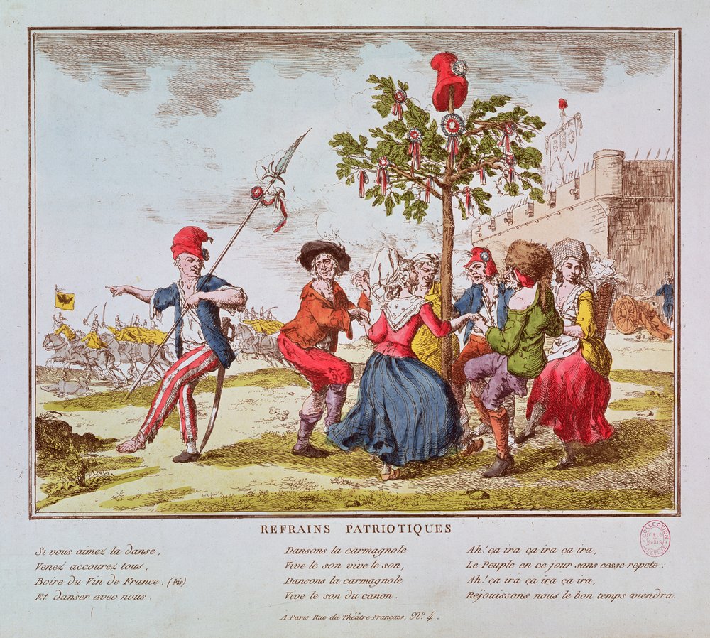 Patriottische refreinen: Franse revolutionairen dansen de carmagnole rond de boom van Vrijheid, c.1792 door French School