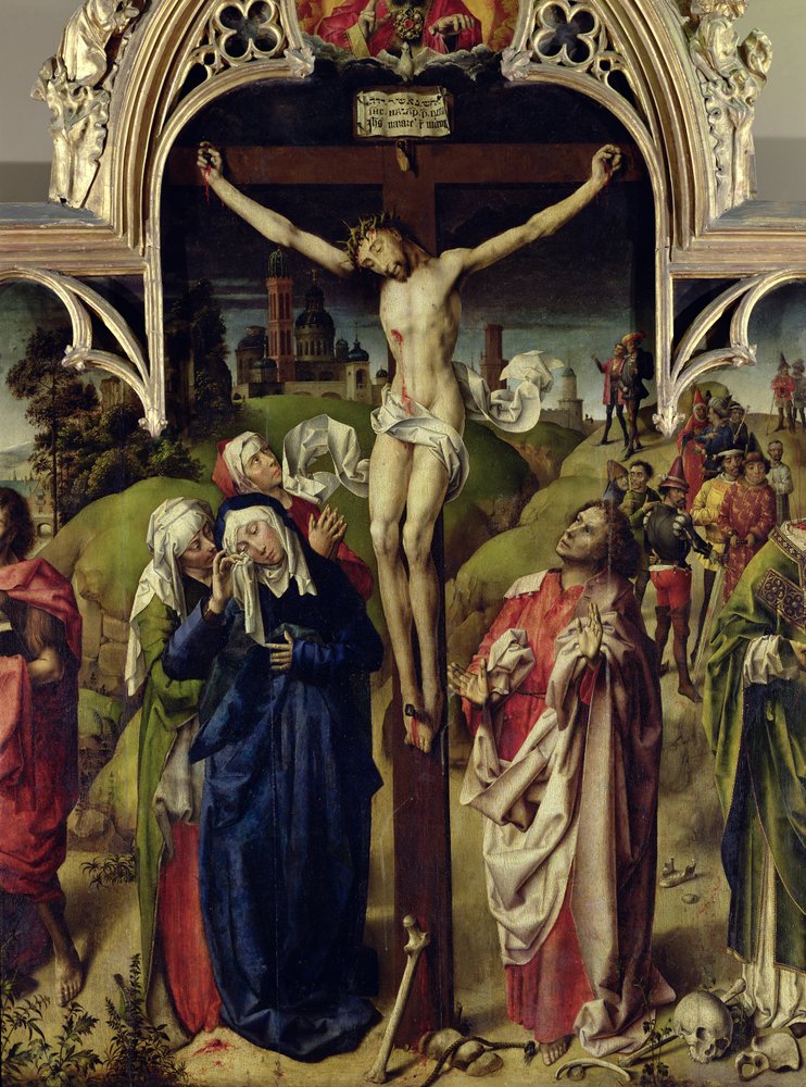 Christus aan het kruis, de heilige vrouwen en Sint-Jan de Evangelist, van het altaarstuk van het Parlement van Parijs door French School