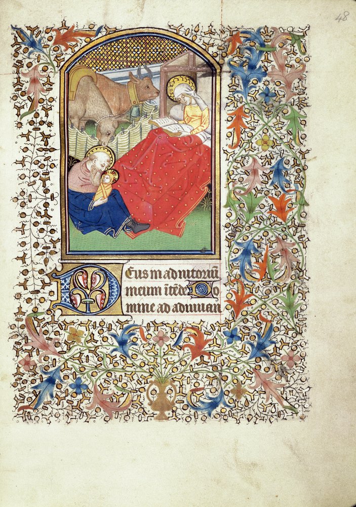 Manuscript 69 f. 48r, Geboorte van Jezus, uit het getijdenboek van de "Meester van Jacques de Besançon" door French School