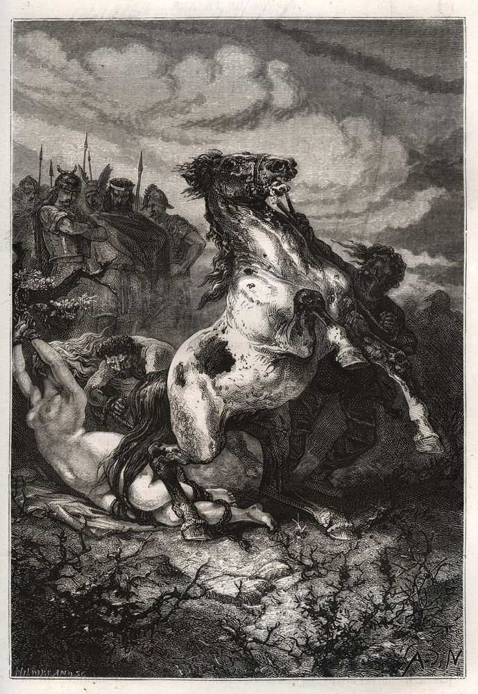 De executie van Brunhilda van Austrasië door Chlothar II, 613 - De dood van koningin Brunhilda van Austrasië, een Visigotische prinses, getrouwd met koning Sigebert I van Austrasië - Dood van Brunehaut (of Brunehilde) bevolen door Clotaire (Clothaire) II ( door French School