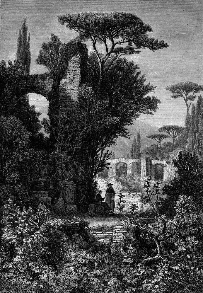 Villa Adriana (Villa van Hadrianus), oude villa gebouwd door de Romeinse keizer Hadrianus in de 2e eeuw. Italië door French School