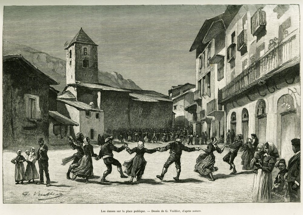 Dansen op het openbare plein. Gravure door G.Vuillier, ter illustratie van het verhaal De vallei van Andorra, door Gaston Vuillier, in le tour du monde 1888, onder leiding van Edouard Charton (1807-1890), Hachette, Parijs. door Gaston Vuillier