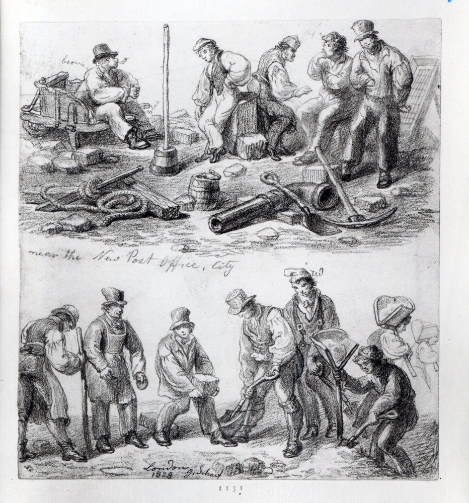 Arbeiders bij het nieuwe postkantoor in The City, Londen, 1828 door George Snr Scharf