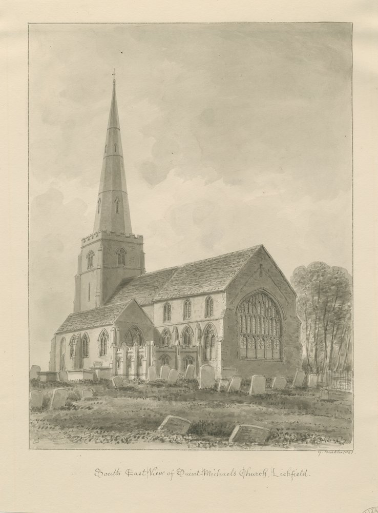 Lichfield - St. Michael's Kerk: sepia tekening door George Buckler