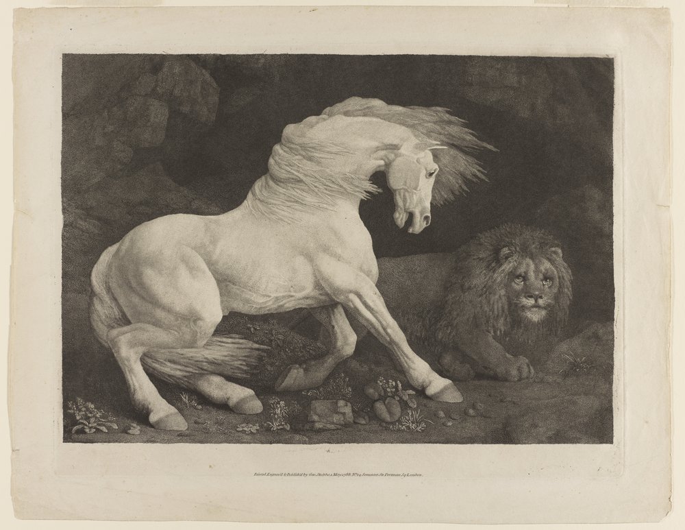 Een paard geschrokken door een leeuw, naar George Stubbs