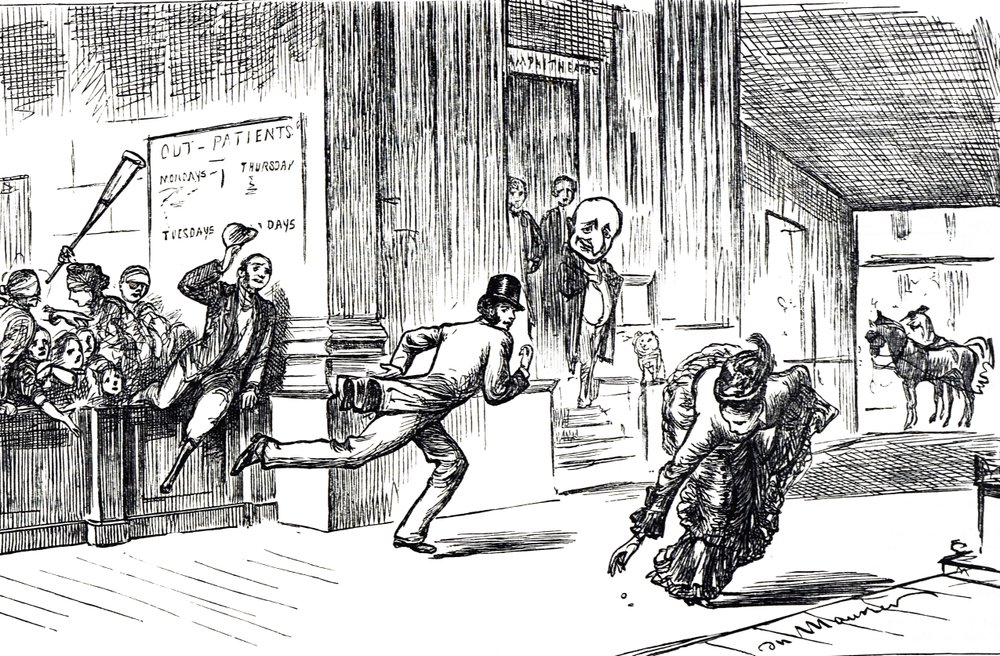 Cartoon die dokter Meilanion Jones afbeeldt, die zichzelf ingehaald ziet in de race om patiënten door de mooie dokteres Atlanta Robinson door George du Maurier