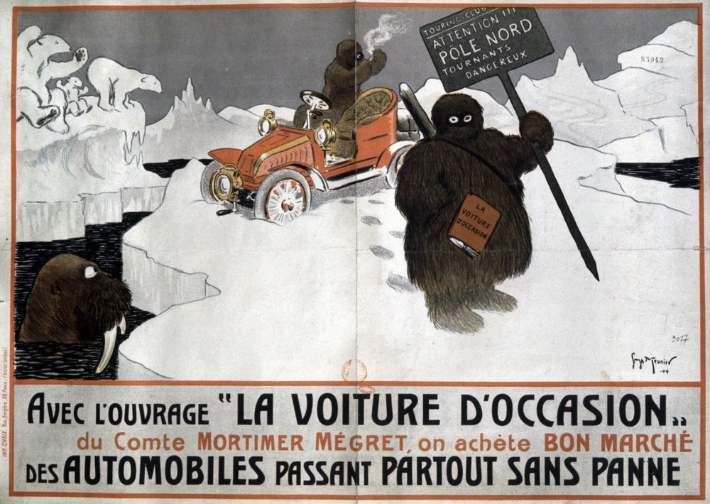 Advertentie voor boek van Mortimer Megret over het kopen van een tweedehands auto, 1904 door Georges Meunier