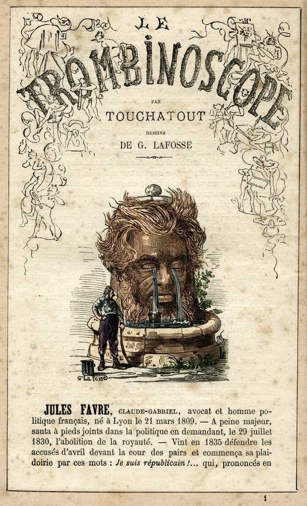 Jules FAVRE (1809-1880) illustratie uit "Le Trombinoscope", een satirisch politiek tijdschrift van Leon-Charles Bienvenu, bekend als Touchatout (1835-1910) monografie N. 1, Parijs door Georges Lafosse