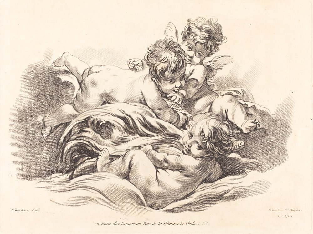 Drie cherubijnen spelen op een golf als een dolfijn door Gilles Demarteau, the Elder after François Boucher