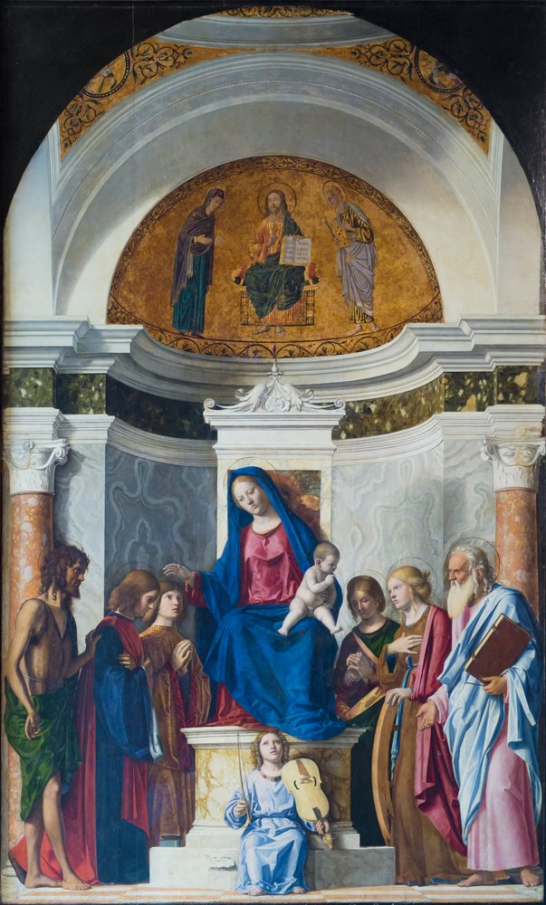 Troonende Madonna met kind en st. Johannes de Doper, st. Cosmas, st. Damian, c.1507 door Giovanni Battista Cima da Conegliano