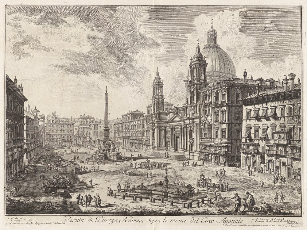 Veduta di Piazza Navona sopra le rovine del Circo Agonale (Zicht op de Piazza Navona boven de Ruïnes van het Circus van Domitianus), uit Vedute di Roma (Zichten van Rome) door Giovanni-Battista Piranesi