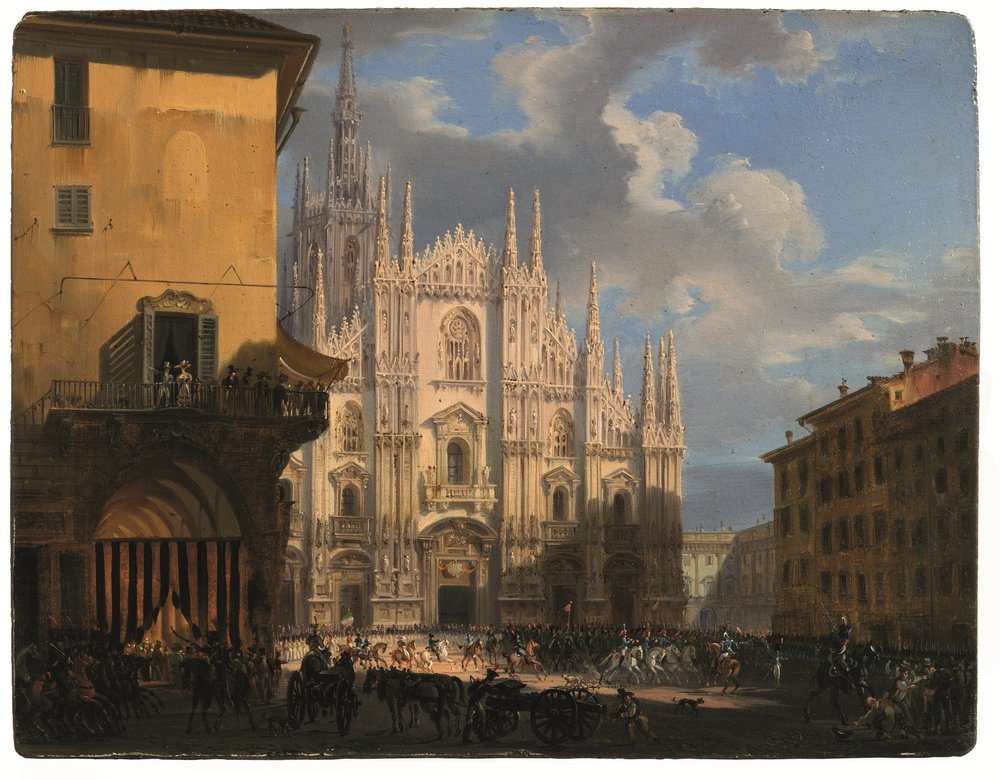 Uitzicht op Piazza Duomo met de coperto dei Figini en de isolato del Rebecchino, Milaan door Giovanni Migliara