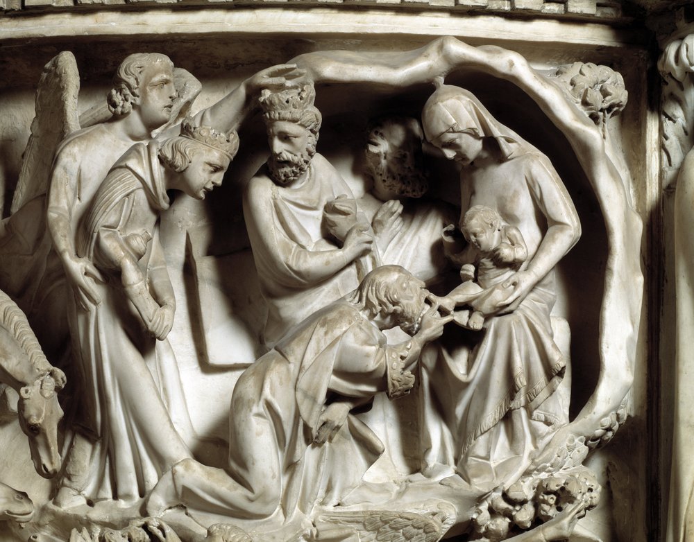 Detail van de reliëfs van de Stoel gemaakt door Giovanni Pisano (1248-1314): Detail van de reliëfs van de marmeren preekstoel, de aanbidding van de wijzen door Giovanni Pisano