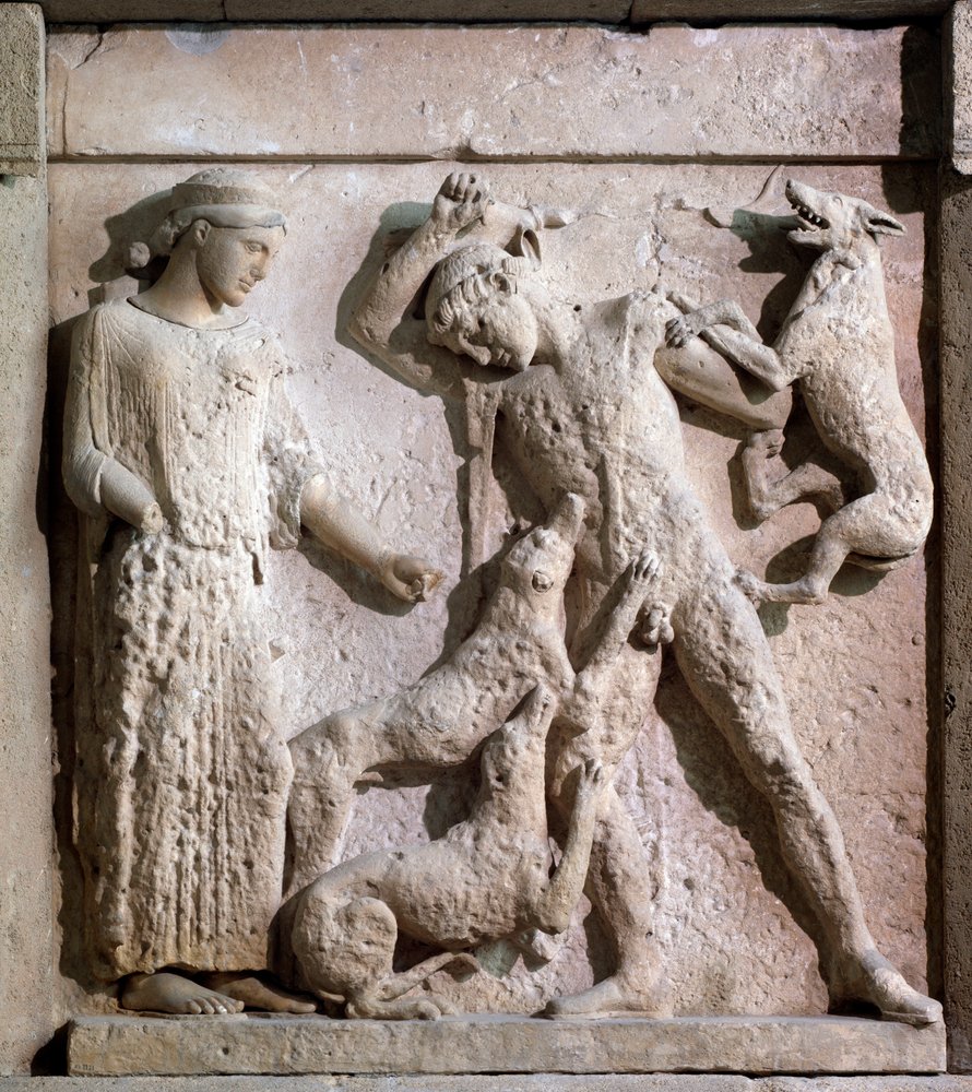 Magna Graecia: metope met Artemis en Actaeon, stenen reliëf, 5e eeuw v.Chr. door Greek