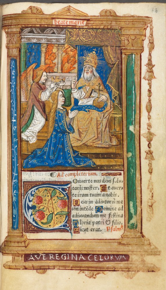 Gedrukt getijdenboek naar Romeins gebruik: fol. 45r, Kroning van de Maagd, 1510. door Guillaume Le Rouge