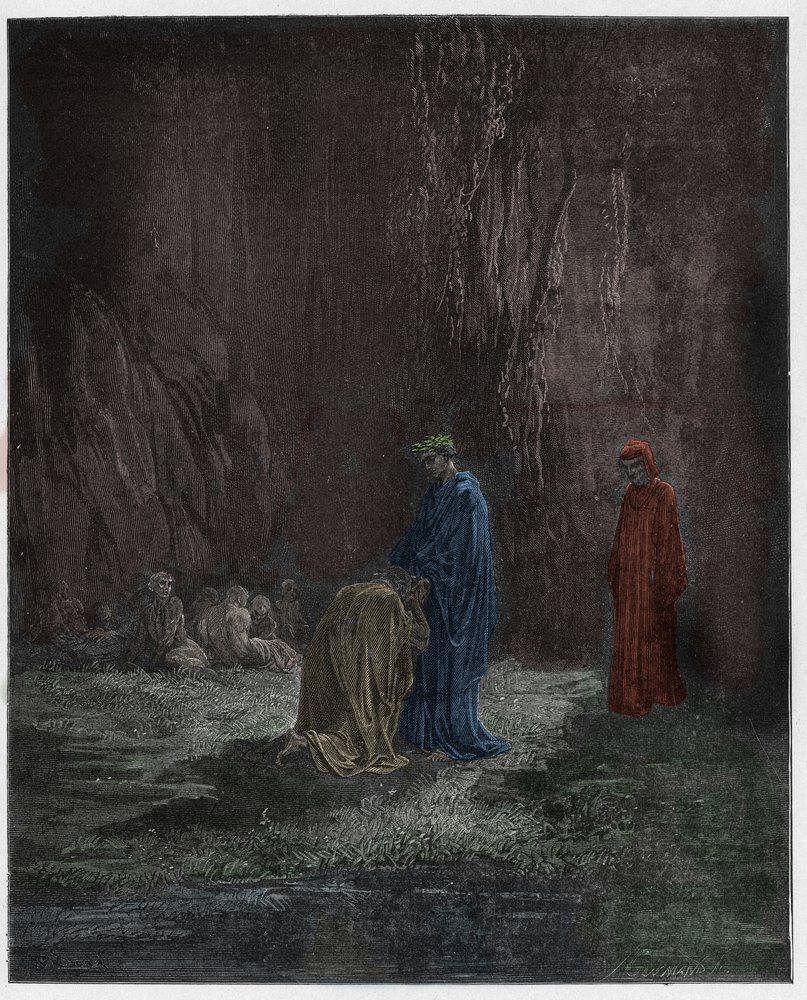 Purgatorio, canto 7: de dichter Sordello knielt verbaasd voor Vergilius, illustratie uit De goddelijke komedie van Dante Alighieri, 1885 door Gustave after Dore