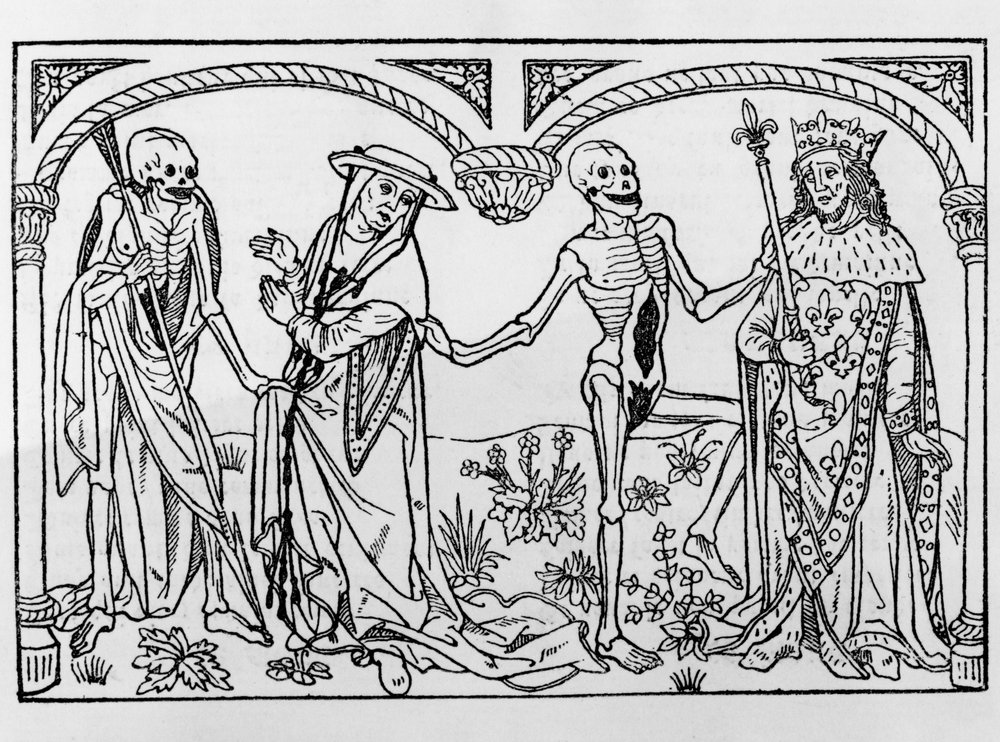 De dood die de kardinaal en de koning meeneemt, uit de Dodendans, gepubliceerd in Parijs, 1485 door Guy Marchant