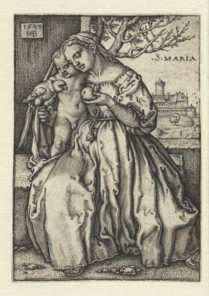 Maria met kind en papegaai en peer | Hans Sebald Beham