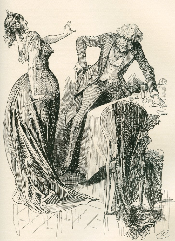 Edith en meneer Carker. „Hij kwam vrolijk op haar af, toen zij in een ogenblik het mes van de tafel greep en een stap achteruitdeed. ‘Blijf staan’, zei ze, ‘anders vermoord ik u!’” Illustratie van Harry Furniss voor de roman van Charles Dickens door Harry Furniss