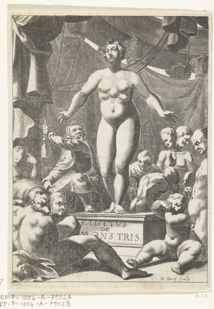 Naakte vrouw met vijf borsten. Titelpagina voor Fortunius Licetus, De Monstris, Amsterdam 1665 door Hendrik Bary