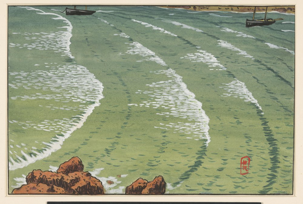 Zee, in een baai, met schepen voor de rotsige kust door Henri Rivière