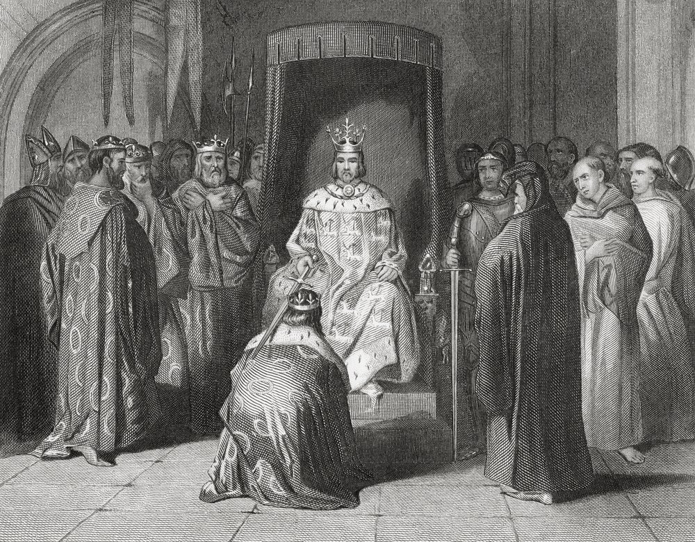 Koning Richard II die de koningen van Connaught, Ulster, Thomond en Leinster in 1394 tot ridder slaat, 