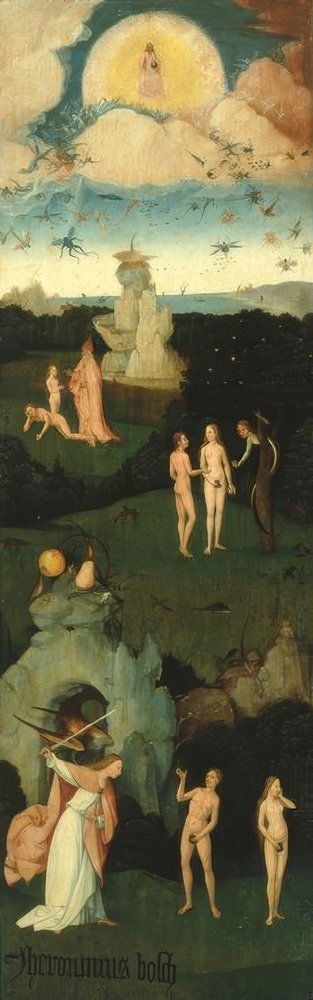 Engelenval, schepping van Eva, zondeval, verdrijving uit het paradijs door Hieronymus Bosch