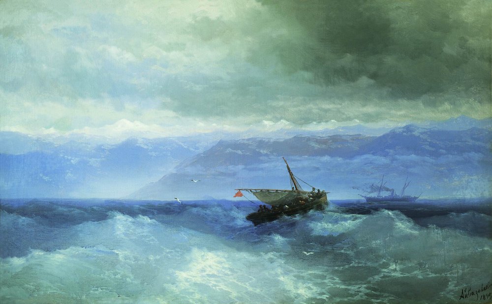 Russisch: "Kaukasusgebergte vanaf de zee" Kaukasusgebergte vanaf de zee door Ivan Aivazovsky