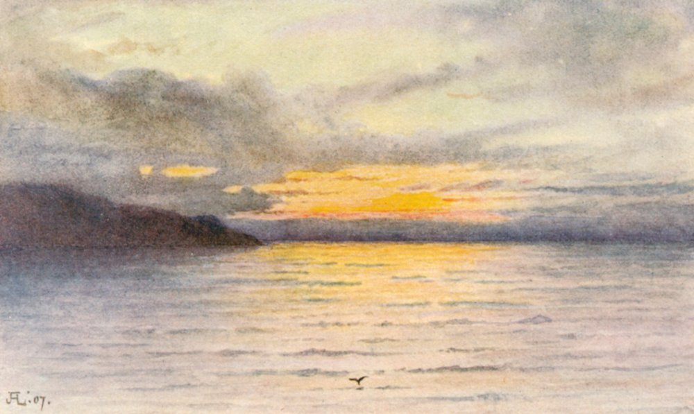 Zonsondergang aan het meer, JHL (kleurenlitho) door J. Hardwicke Lewis