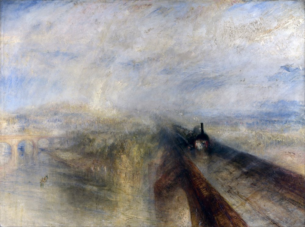 Regen, stoom en snelheid - De Great Western Railway; het schilderij toont een vroege locomotief van de Great Western Railway die de Theems oversteekt via Brunels onlangs voltooide spoorbrug bij Maidenhead. Aan het schilderij wordt ook toegeschreven dat door Joseph Mallord William Turner