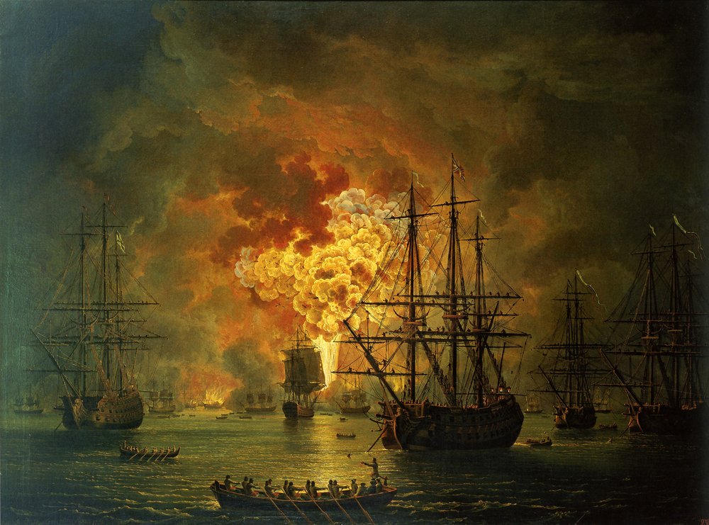 De vernietiging van de Turkse vloot in de baai van Çeşme, 1772 door Jacob-Philippe Hackert