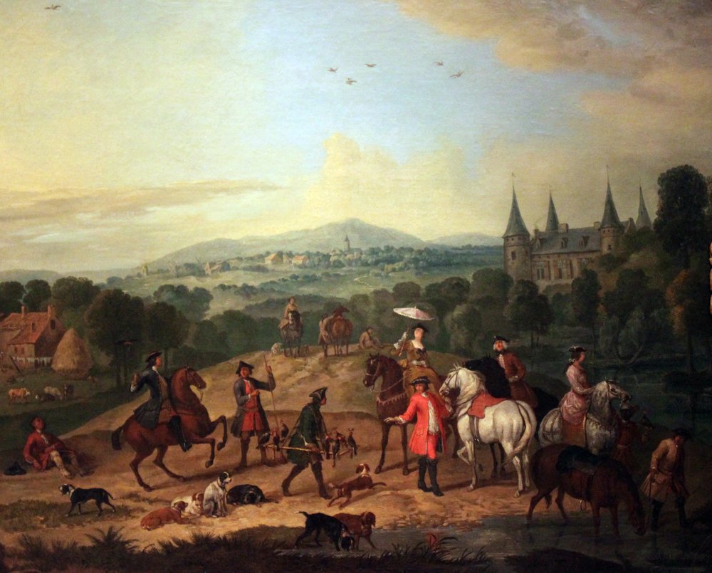 Elegante groep ruiters op een valkenjacht in een landschap met kasteel