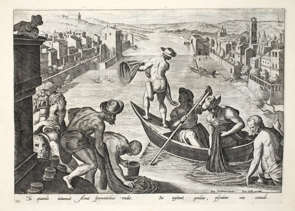 Vissen op de Arno met boten en netten, illustratie uit 'Venationes ...