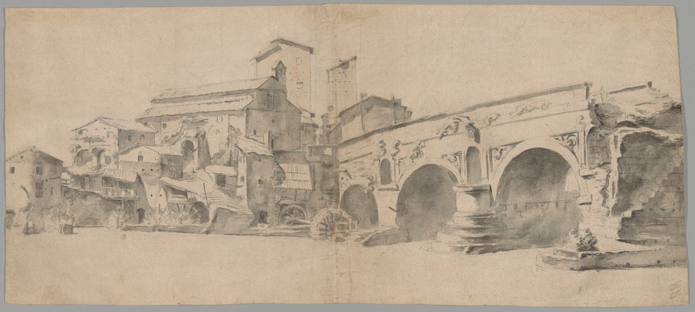 Gezicht op de Ponte Rotto, Rome, met watermolens door Jan Asselijn