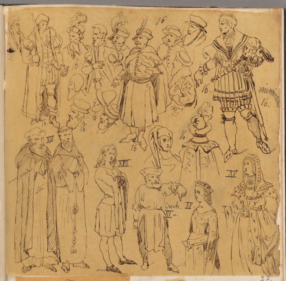 Schatkamer. Diverse personen in kleding uit de 13e, 15e en 16e eeuw door Jan Matejko