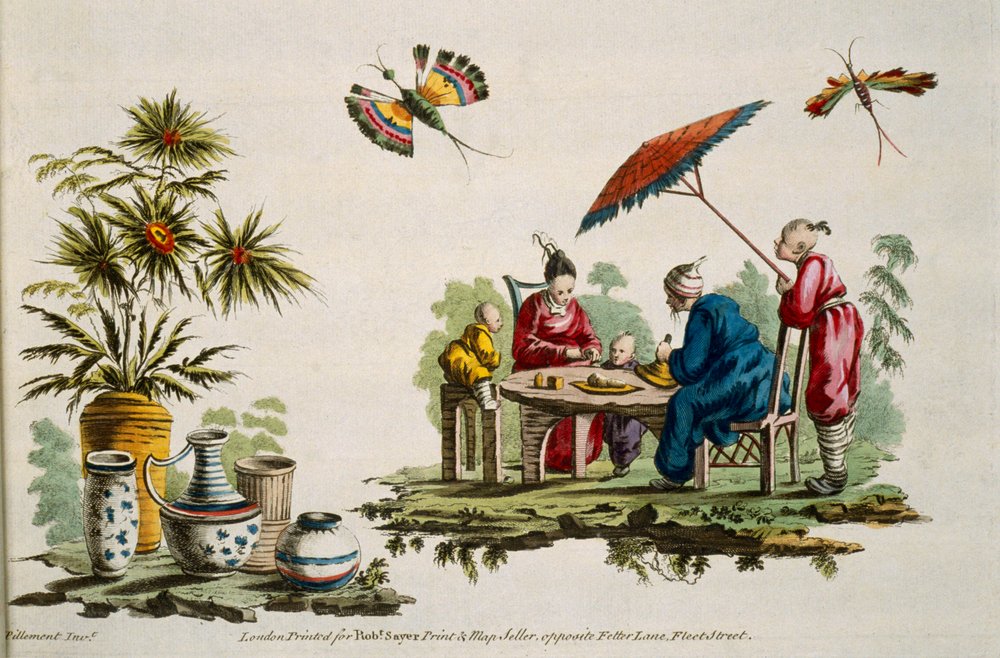 Illustratie met Figuren in Japanse Kleding en Parasol uit 