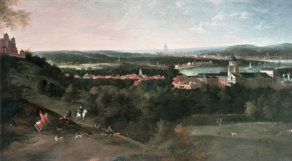 Uitzicht over Greenwich Park richting Londen, geschilderd voor Lodewijk XV in Parijs door Jean Rigaud
