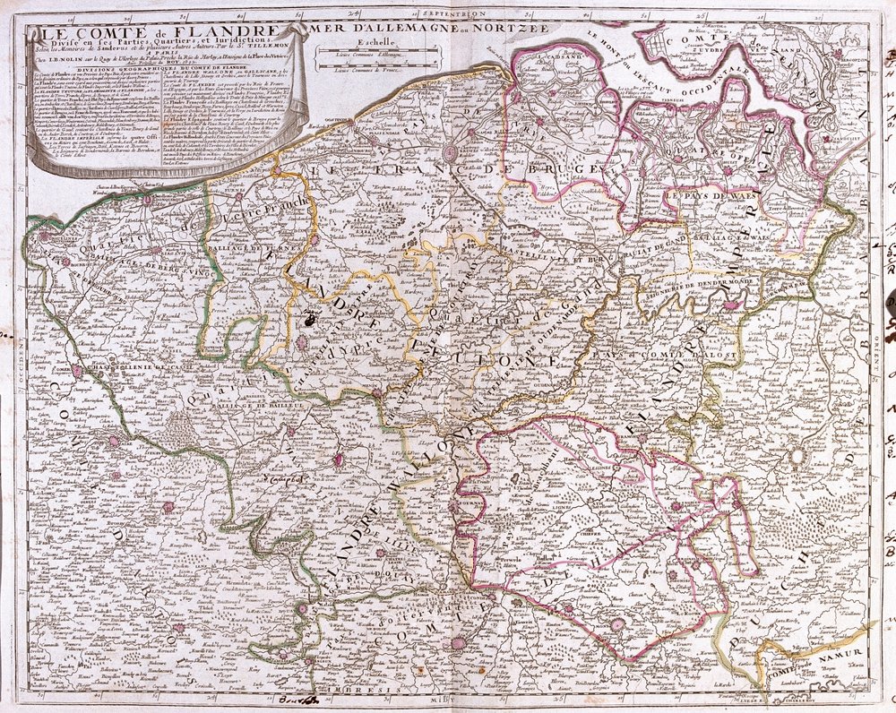 Kaart van het Graafschap Vlaanderen, het huidige West- en Oost-Vlaanderen in België door Jean-Baptiste Nolin