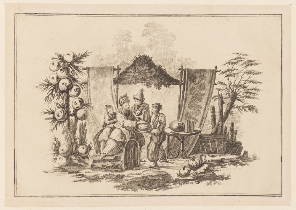 Figuren met een Pompoen, uit "Nouveau Cahier de Six Feuilles De Différents Sujets Chinois Historiés" door Jean Baptiste Pillement