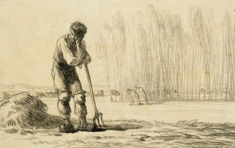 Boer leunend op een hooivork | Jean-Francois Millet