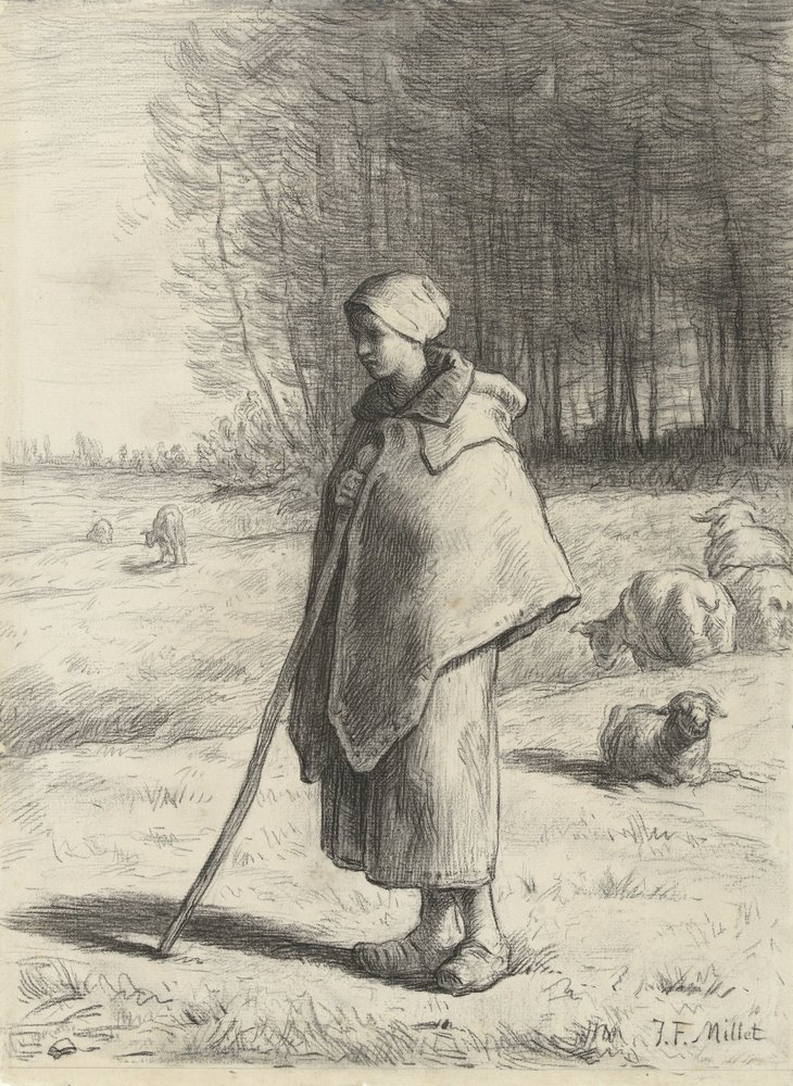 Schaapherderin, leunend op een stok door Jean-Francois Millet