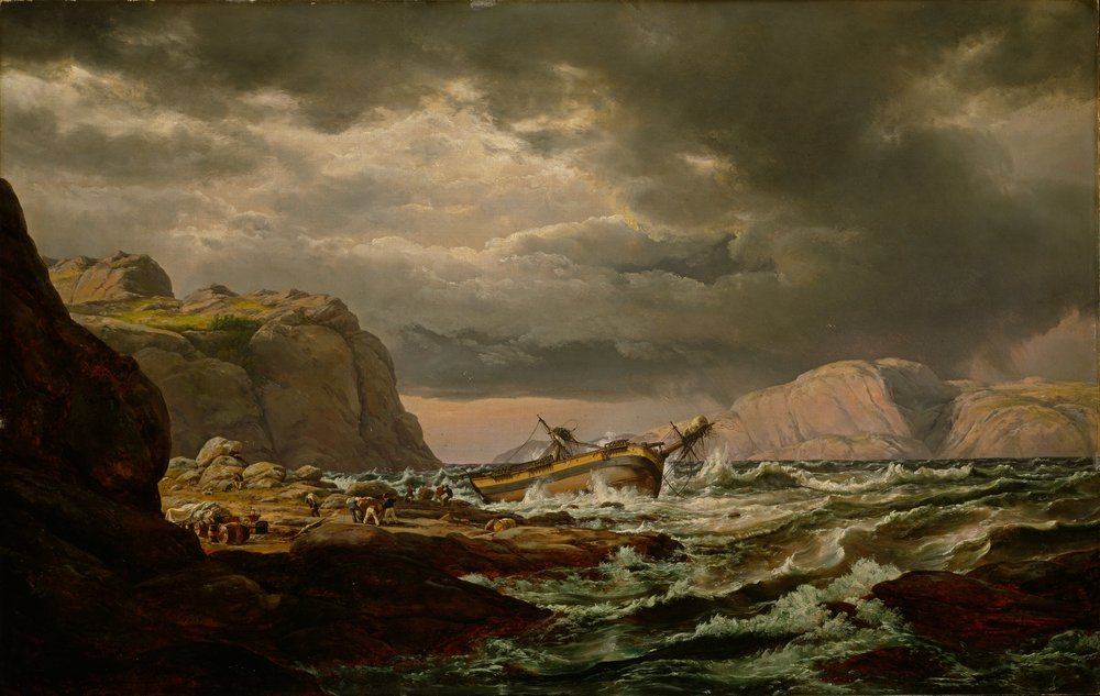 Noors:  Skibbrudd ved den norske kyst Schipbreuk aan de Noorse kust door Johan Christian Dahl