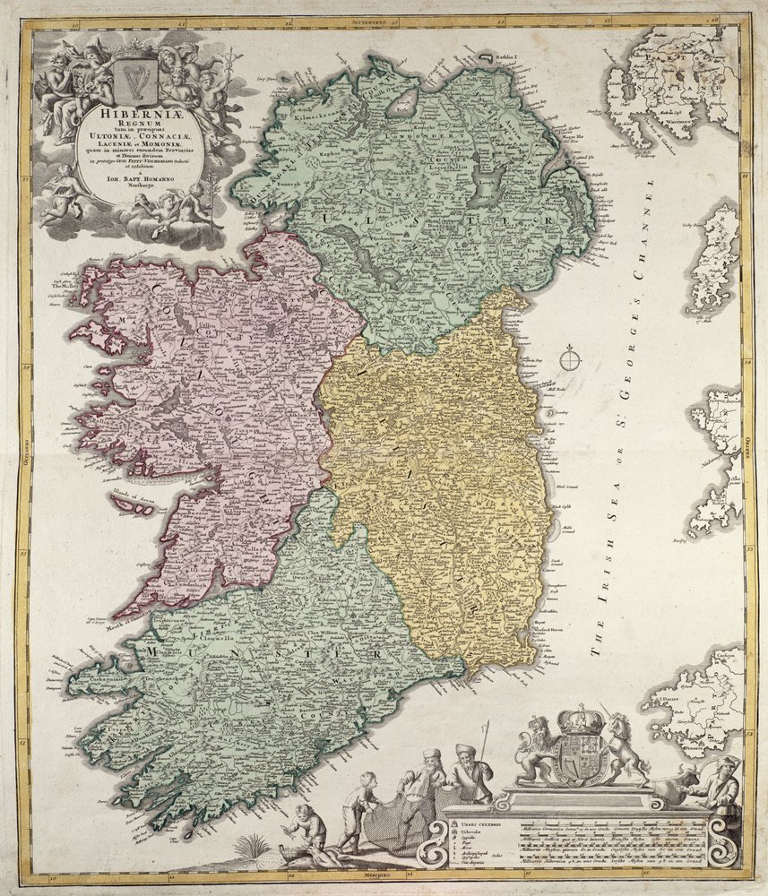 Kaart van Ierland met de provincies Ulster, Munster, Connaught en Leinster, door Johann B. Homann, ca.1730 (handgekleurde gravure) door Johann Baptista Homann