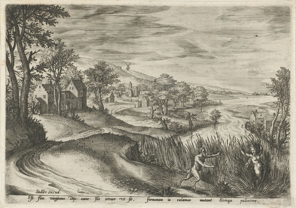 Pan achtervolgt de nimf Syrinx door Johann Sadeler (I)