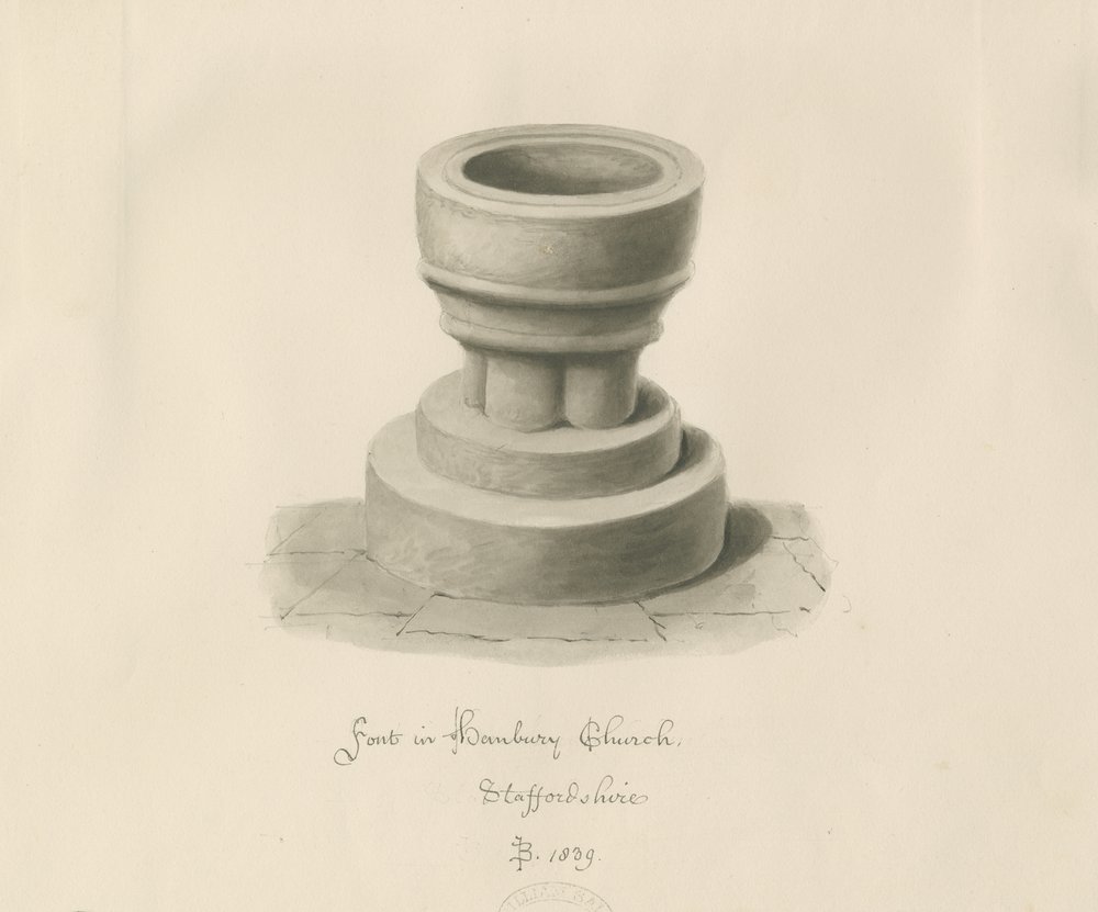Doopvont in Hanbury Church: sepia tekening door John Buckler