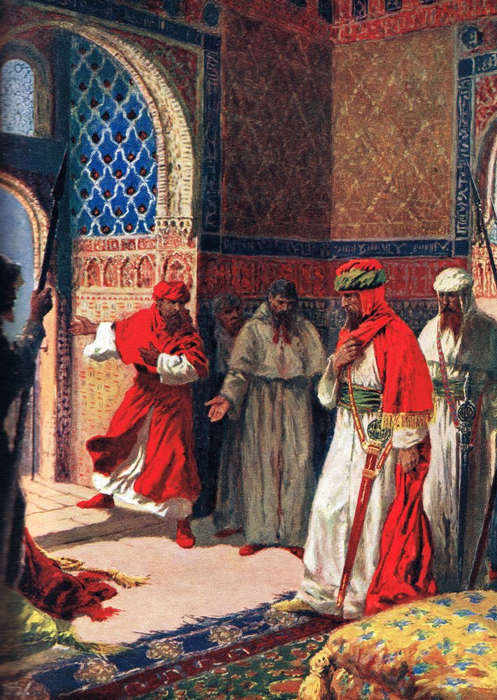 De laatste raad van Boabdil in het Alhambra, 1492, illustratie uit 