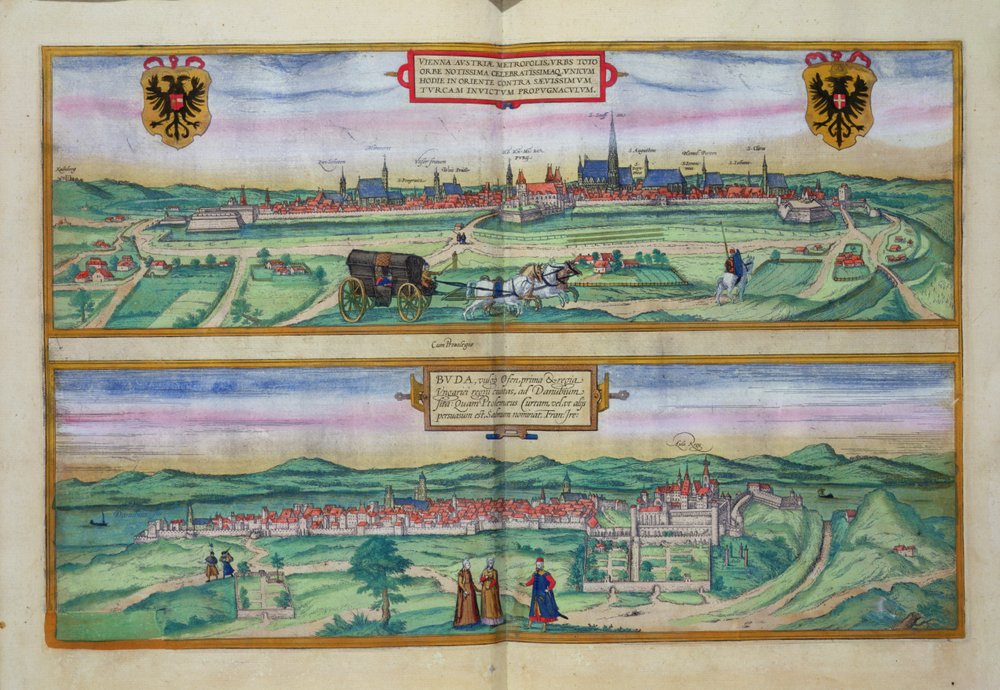 Stadsplan van Wenen en Buda, uit 'Civitates Orbis Terrarum' door Georg ...