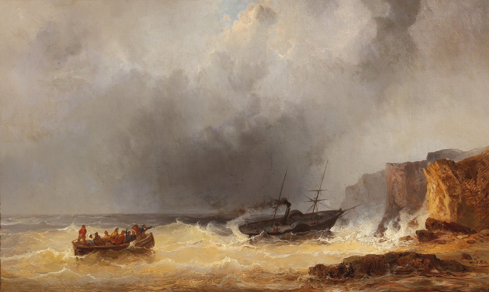 Stoomschip in nood op zee bij een rotsachtige kust door Josef Karl Berthold Puttner