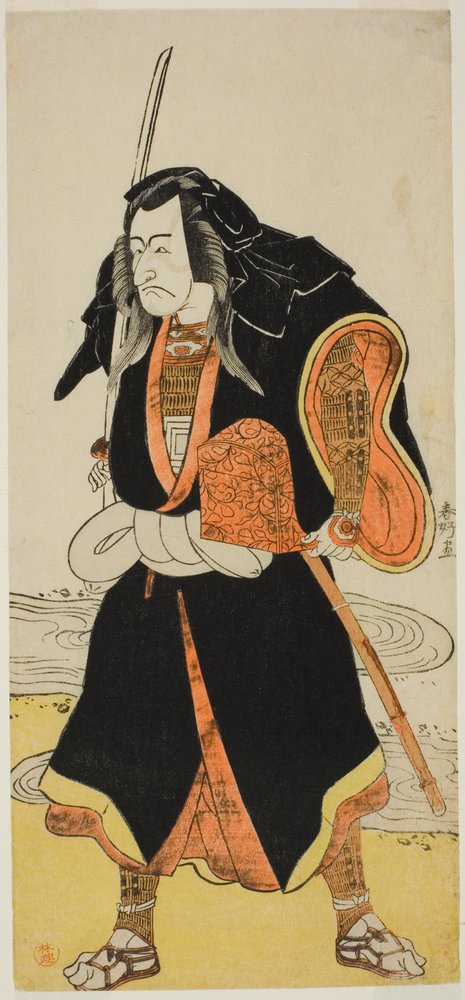 De acteur Ichikawa Danjuro V, waarschijnlijk als Ise no Saburo vermomd als Sanjo Uemon, leider van een roversbende, in deel twee van het toneelstuk Fude-hajime Kanjincho (Eerste kalligrafie van het nieuwe jaar: Kanjincho [De intekenlijst]), opgevoerd in door Katsukawa Shunkо̄