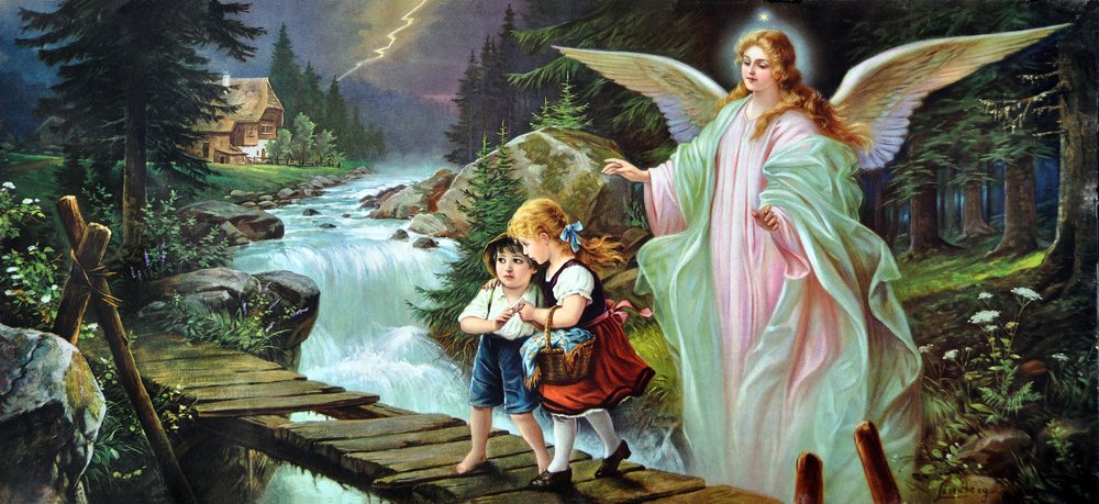 Een beschermengel beschermt twee kinderen die een rivier oversteken op een oude houten brug, begin 20e eeuw door Unbekannt